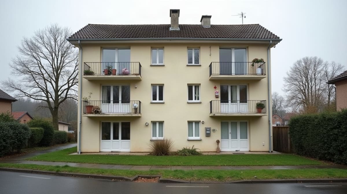 Façade d’un immeuble de logements sociaux avec balcons et rangée de boîtes aux lettres