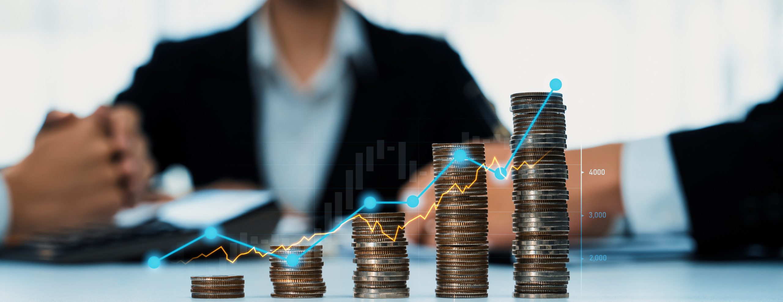 Coin stack with digital graphic indicator symbolize business investment. Shrewd